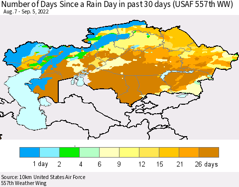 Kazakhstan Number of Days Since a Rain Day in past 30 days (USAF 557th WW) Thematic Map For 9/1/2022 - 9/5/2022
