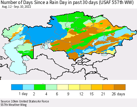 Kazakhstan Number of Days Since a Rain Day in past 30 days (USAF 557th WW) Thematic Map For 9/6/2022 - 9/10/2022