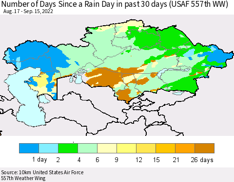 Kazakhstan Number of Days Since a Rain Day in past 30 days (USAF 557th WW) Thematic Map For 9/11/2022 - 9/15/2022