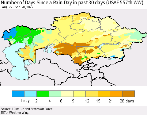 Kazakhstan Number of Days Since a Rain Day in past 30 days (USAF 557th WW) Thematic Map For 9/16/2022 - 9/20/2022