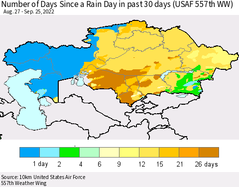 Kazakhstan Number of Days Since a Rain Day in past 30 days (USAF 557th WW) Thematic Map For 9/21/2022 - 9/25/2022