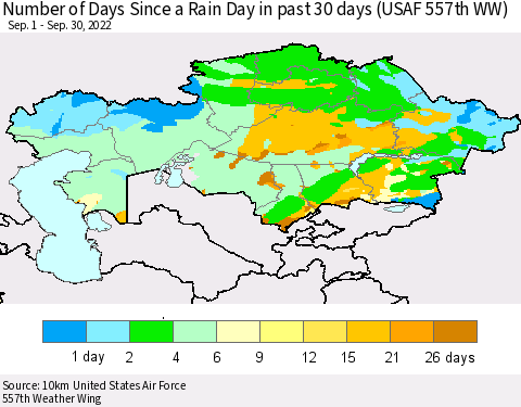 Kazakhstan Number of Days Since a Rain Day in past 30 days (USAF 557th WW) Thematic Map For 9/26/2022 - 9/30/2022