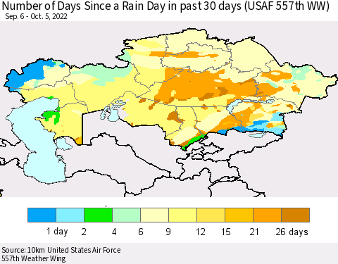 Kazakhstan Number of Days Since a Rain Day in past 30 days (USAF 557th WW) Thematic Map For 10/1/2022 - 10/5/2022