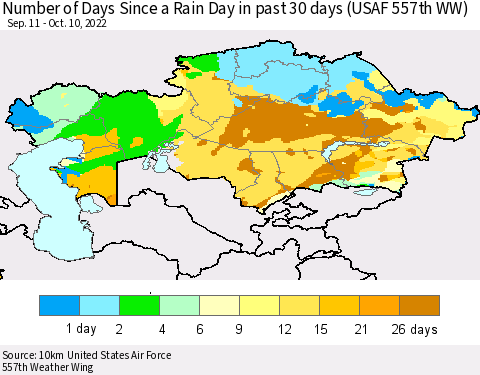 Kazakhstan Number of Days Since a Rain Day in past 30 days (USAF 557th WW) Thematic Map For 10/6/2022 - 10/10/2022