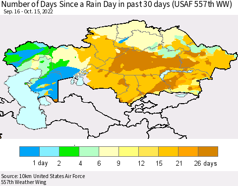Kazakhstan Number of Days Since a Rain Day in past 30 days (USAF 557th WW) Thematic Map For 10/11/2022 - 10/15/2022