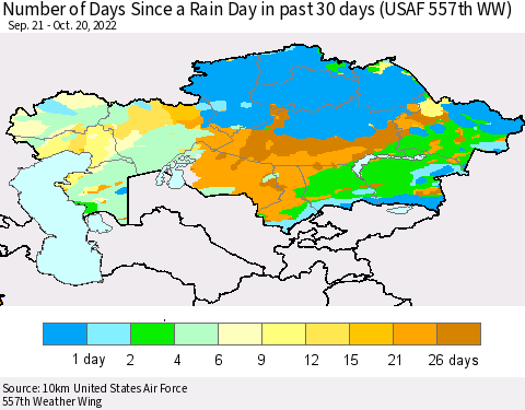 Kazakhstan Number of Days Since a Rain Day in past 30 days (USAF 557th WW) Thematic Map For 10/16/2022 - 10/20/2022