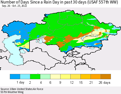 Kazakhstan Number of Days Since a Rain Day in past 30 days (USAF 557th WW) Thematic Map For 10/21/2022 - 10/25/2022