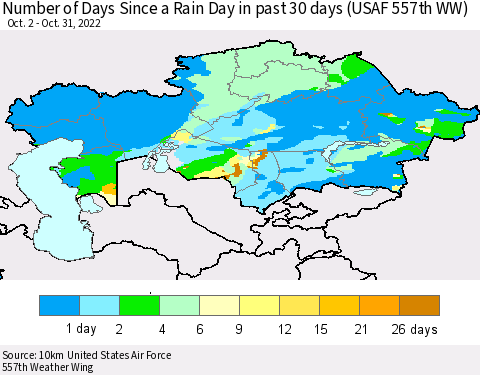 Kazakhstan Number of Days Since a Rain Day in past 30 days (USAF 557th WW) Thematic Map For 10/26/2022 - 10/31/2022