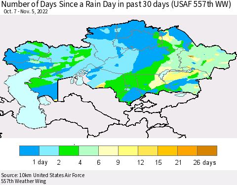 Kazakhstan Number of Days Since a Rain Day in past 30 days (USAF 557th WW) Thematic Map For 11/1/2022 - 11/5/2022