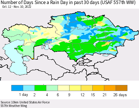 Kazakhstan Number of Days Since a Rain Day in past 30 days (USAF 557th WW) Thematic Map For 11/6/2022 - 11/10/2022