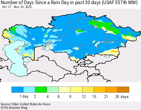 Kazakhstan Number of Days Since a Rain Day in past 30 days (USAF 557th WW) Thematic Map For 11/11/2022 - 11/15/2022