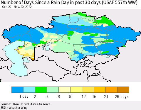 Kazakhstan Number of Days Since a Rain Day in past 30 days (USAF 557th WW) Thematic Map For 11/16/2022 - 11/20/2022