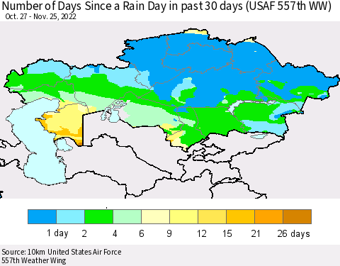 Kazakhstan Number of Days Since a Rain Day in past 30 days (USAF 557th WW) Thematic Map For 11/21/2022 - 11/25/2022