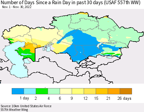 Kazakhstan Number of Days Since a Rain Day in past 30 days (USAF 557th WW) Thematic Map For 11/26/2022 - 11/30/2022