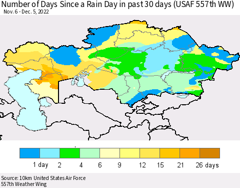 Kazakhstan Number of Days Since a Rain Day in past 30 days (USAF 557th WW) Thematic Map For 12/1/2022 - 12/5/2022