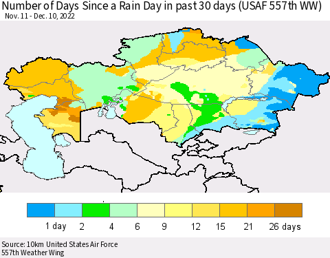 Kazakhstan Number of Days Since a Rain Day in past 30 days (USAF 557th WW) Thematic Map For 12/6/2022 - 12/10/2022