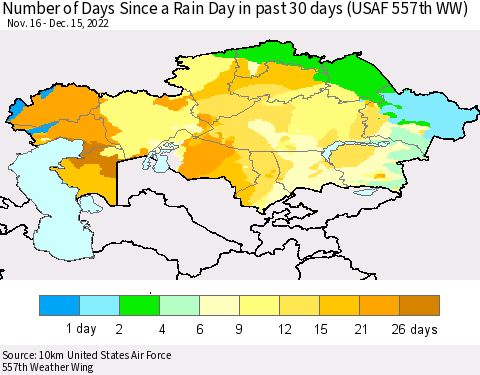 Kazakhstan Number of Days Since a Rain Day in past 30 days (USAF 557th WW) Thematic Map For 12/11/2022 - 12/15/2022