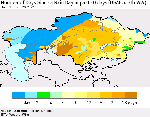 Kazakhstan Number of Days Since a Rain Day in past 30 days (USAF 557th WW) Thematic Map For 12/16/2022 - 12/20/2022