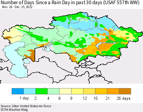 Kazakhstan Number of Days Since a Rain Day in past 30 days (USAF 557th WW) Thematic Map For 12/21/2022 - 12/25/2022
