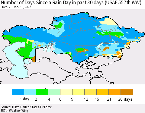 Kazakhstan Number of Days Since a Rain Day in past 30 days (USAF 557th WW) Thematic Map For 12/26/2022 - 12/31/2022