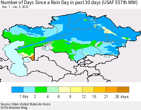 Kazakhstan Number of Days Since a Rain Day in past 30 days (USAF 557th WW) Thematic Map For 1/1/2023 - 1/5/2023