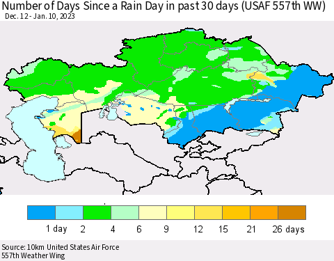 Kazakhstan Number of Days Since a Rain Day in past 30 days (USAF 557th WW) Thematic Map For 1/6/2023 - 1/10/2023