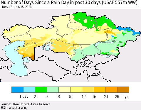 Kazakhstan Number of Days Since a Rain Day in past 30 days (USAF 557th WW) Thematic Map For 1/11/2023 - 1/15/2023