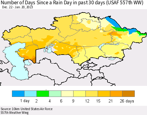 Kazakhstan Number of Days Since a Rain Day in past 30 days (USAF 557th WW) Thematic Map For 1/16/2023 - 1/20/2023