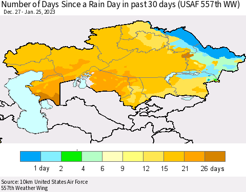 Kazakhstan Number of Days Since a Rain Day in past 30 days (USAF 557th WW) Thematic Map For 1/21/2023 - 1/25/2023