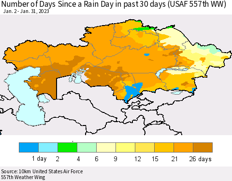 Kazakhstan Number of Days Since a Rain Day in past 30 days (USAF 557th WW) Thematic Map For 1/26/2023 - 1/31/2023
