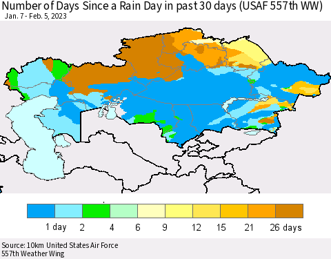 Kazakhstan Number of Days Since a Rain Day in past 30 days (USAF 557th WW) Thematic Map For 2/1/2023 - 2/5/2023