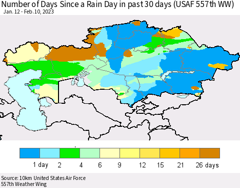 Kazakhstan Number of Days Since a Rain Day in past 30 days (USAF 557th WW) Thematic Map For 2/6/2023 - 2/10/2023