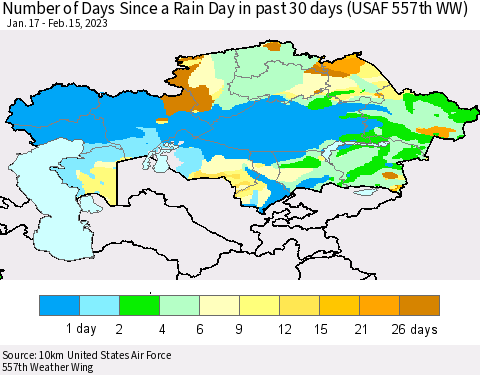 Kazakhstan Number of Days Since a Rain Day in past 30 days (USAF 557th WW) Thematic Map For 2/11/2023 - 2/15/2023