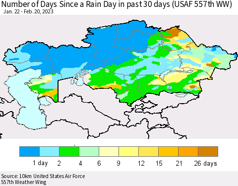 Kazakhstan Number of Days Since a Rain Day in past 30 days (USAF 557th WW) Thematic Map For 2/16/2023 - 2/20/2023