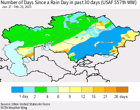 Kazakhstan Number of Days Since a Rain Day in past 30 days (USAF 557th WW) Thematic Map For 2/21/2023 - 2/25/2023