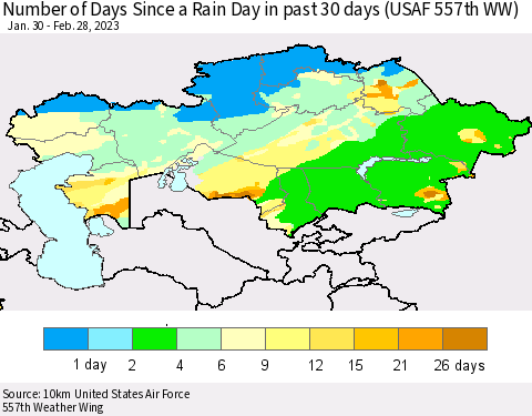 Kazakhstan Number of Days Since a Rain Day in past 30 days (USAF 557th WW) Thematic Map For 2/26/2023 - 2/28/2023