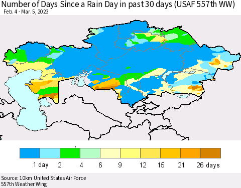 Kazakhstan Number of Days Since a Rain Day in past 30 days (USAF 557th WW) Thematic Map For 3/1/2023 - 3/5/2023