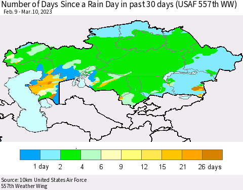 Kazakhstan Number of Days Since a Rain Day in past 30 days (USAF 557th WW) Thematic Map For 3/6/2023 - 3/10/2023