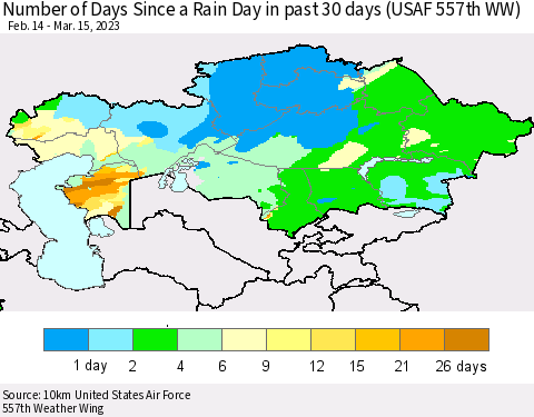 Kazakhstan Number of Days Since a Rain Day in past 30 days (USAF 557th WW) Thematic Map For 3/11/2023 - 3/15/2023