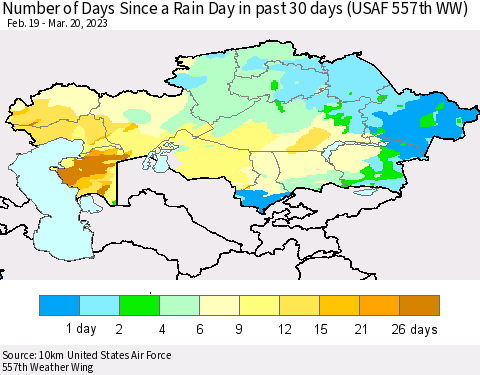 Kazakhstan Number of Days Since a Rain Day in past 30 days (USAF 557th WW) Thematic Map For 3/16/2023 - 3/20/2023