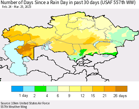 Kazakhstan Number of Days Since a Rain Day in past 30 days (USAF 557th WW) Thematic Map For 3/21/2023 - 3/25/2023