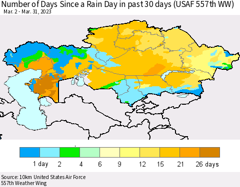 Kazakhstan Number of Days Since a Rain Day in past 30 days (USAF 557th WW) Thematic Map For 3/26/2023 - 3/31/2023