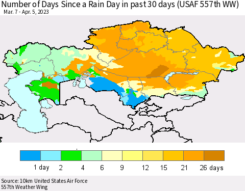 Kazakhstan Number of Days Since a Rain Day in past 30 days (USAF 557th WW) Thematic Map For 4/1/2023 - 4/5/2023
