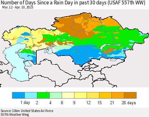 Kazakhstan Number of Days Since a Rain Day in past 30 days (USAF 557th WW) Thematic Map For 4/6/2023 - 4/10/2023