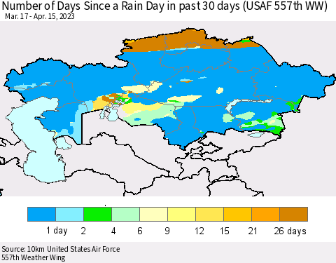 Kazakhstan Number of Days Since a Rain Day in past 30 days (USAF 557th WW) Thematic Map For 4/11/2023 - 4/15/2023