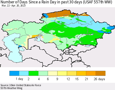 Kazakhstan Number of Days Since a Rain Day in past 30 days (USAF 557th WW) Thematic Map For 4/16/2023 - 4/20/2023