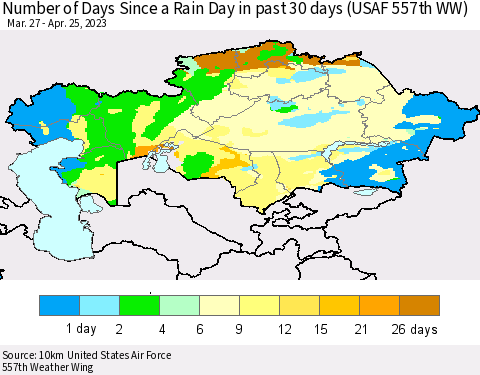 Kazakhstan Number of Days Since a Rain Day in past 30 days (USAF 557th WW) Thematic Map For 4/21/2023 - 4/25/2023