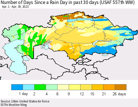 Kazakhstan Number of Days Since a Rain Day in past 30 days (USAF 557th WW) Thematic Map For 4/26/2023 - 4/30/2023