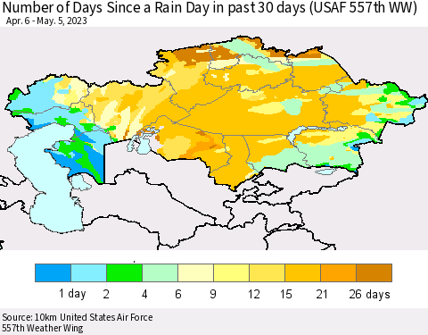 Kazakhstan Number of Days Since a Rain Day in past 30 days (USAF 557th WW) Thematic Map For 5/1/2023 - 5/5/2023