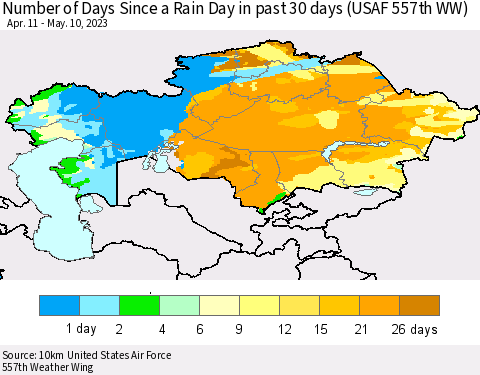 Kazakhstan Number of Days Since a Rain Day in past 30 days (USAF 557th WW) Thematic Map For 5/6/2023 - 5/10/2023